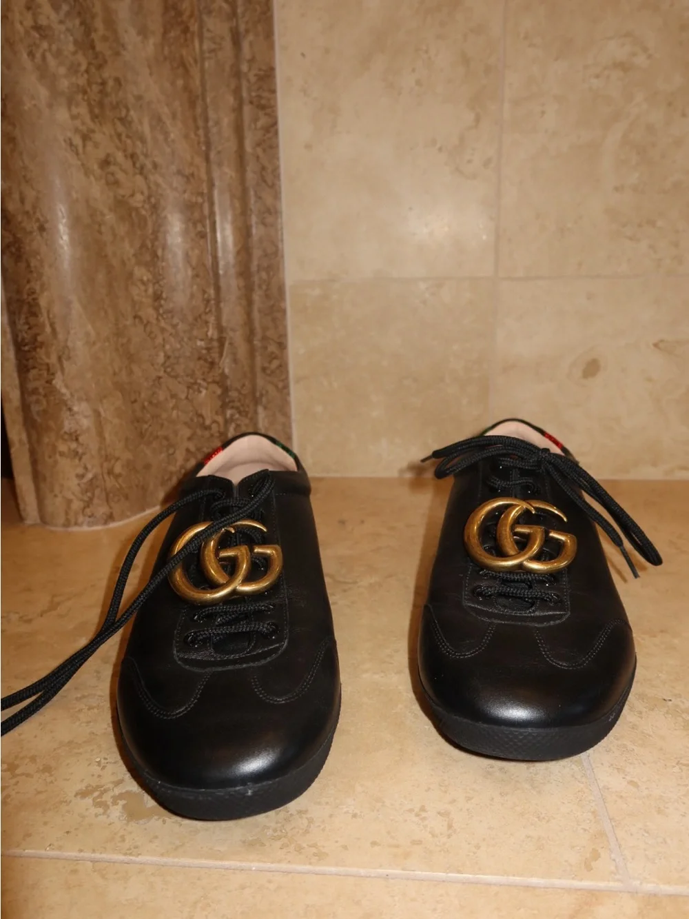 Gucci Black Leather Sneakers with Gold Double G Hardware